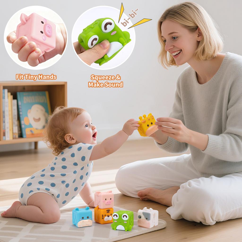 3D Cube Animal Stacking Toys Baby Soft Silicone Building Blocks Toys Bath Toys Toddler Early Educational Sensory Montessori Toys