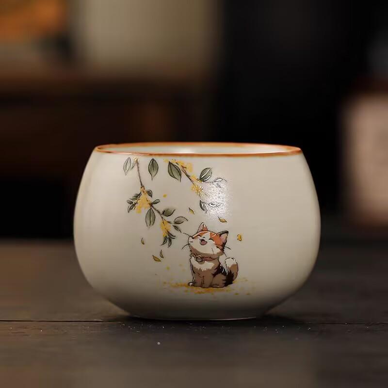 Beige Ru Kiln Teacup Cute Cute Cat Teacup Master Cup Girls Personal Tea Cup Tea Bowl Ceramic Tea Cup