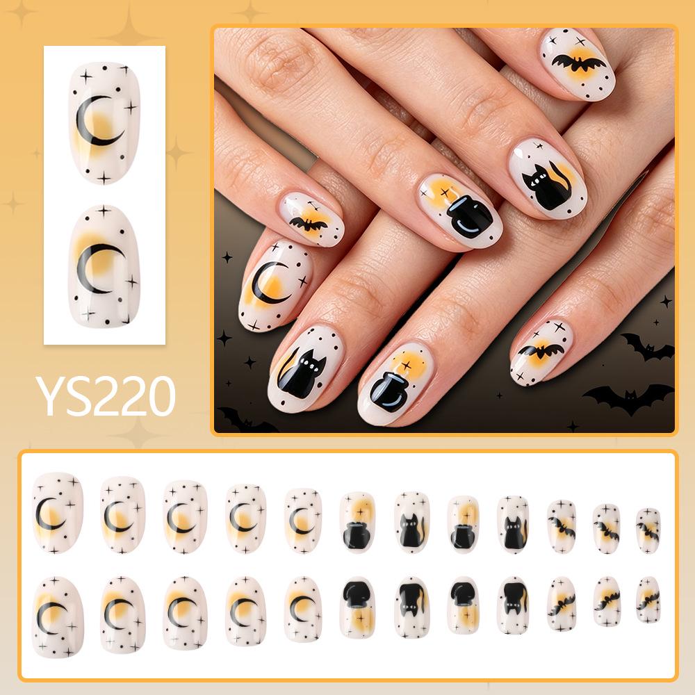 Glossy Black Cat & Bat Moon Halloween Nail Stickers – 24 Piece Set