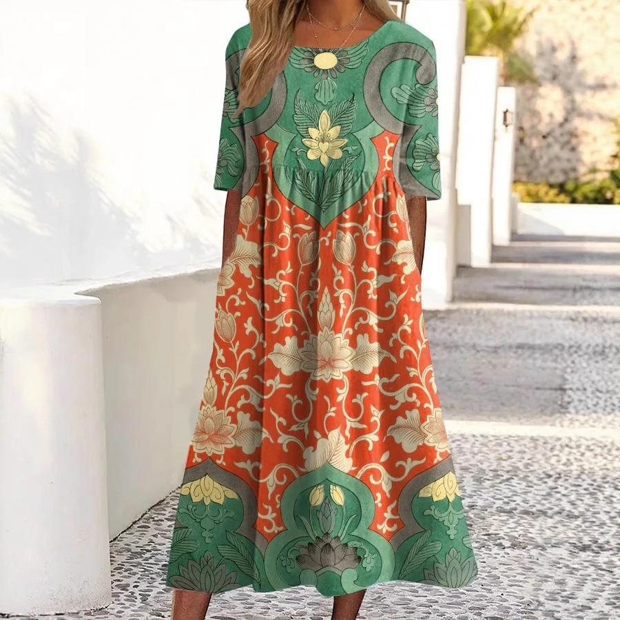

Floral Print Maxi Dress with Round Neckline, Orange Green Grey Vines Pattern Long Dress 2XS