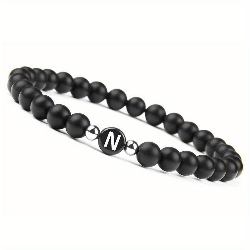Initial Bracelet for Men and Woman Black Onyx 6mm Beads Bracelet with Letter Relationship Jewelry for Couples Alphabet bracelet