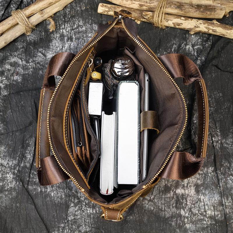 Men'S Leather Handbag Vertical Crazy Horse Leather A4 Briefcase Casual Bag Business Messenger Bag Retro Shoulder Bag