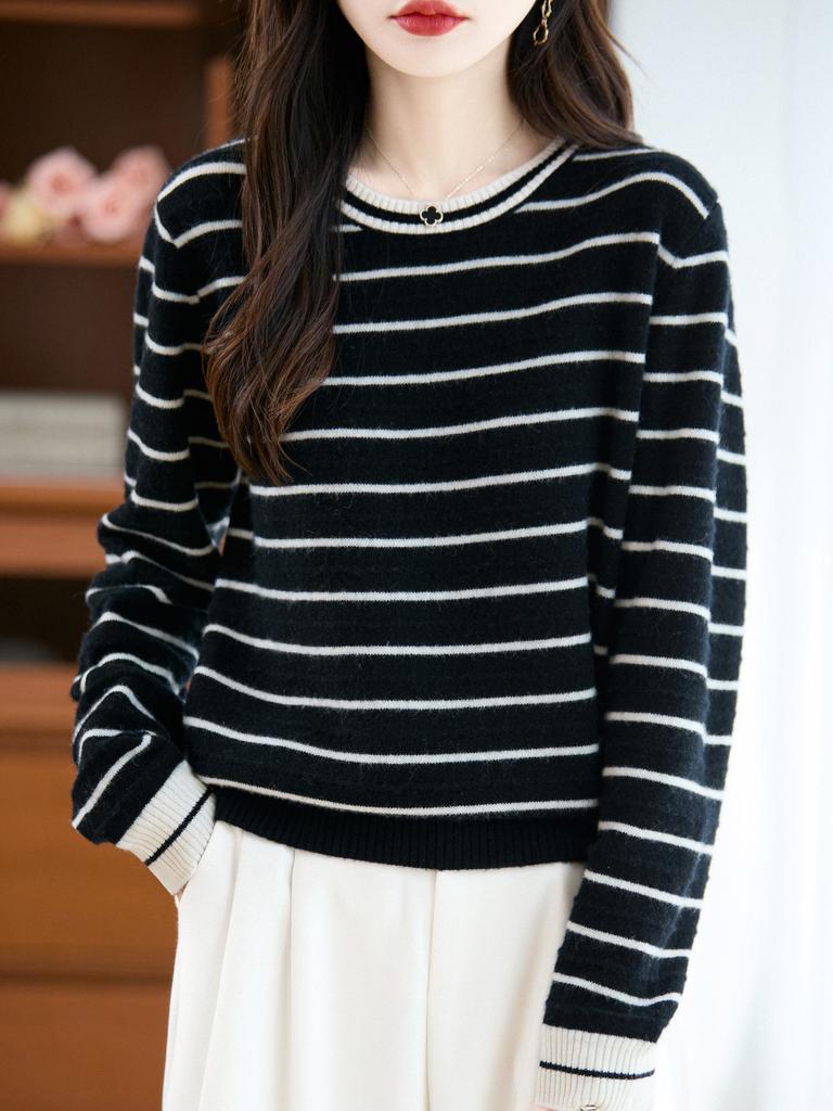 Women's Autumn/Winter Loose-Fit Round Neck Striped Pure Wool Sweater - Knitted, Warm Top Layers