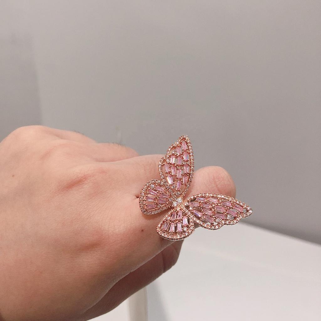 Hip Hop Pink Butterfly Ring Cubic Zirconia Gold Plating Baguette CZ Toe Finger Ring Women Rapper Bling Bling Jewelry