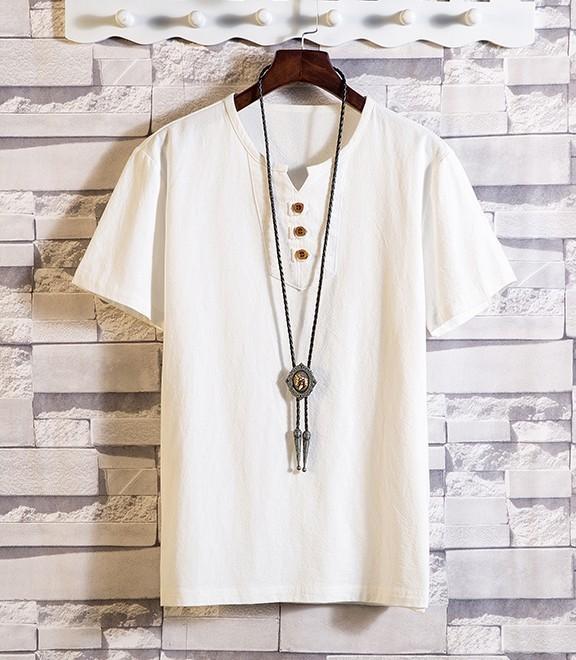 Men's Large-Size Chinese Style Casual T-Shirt - Solid Color  Imitation Cotton and Linen Short-Sleeved