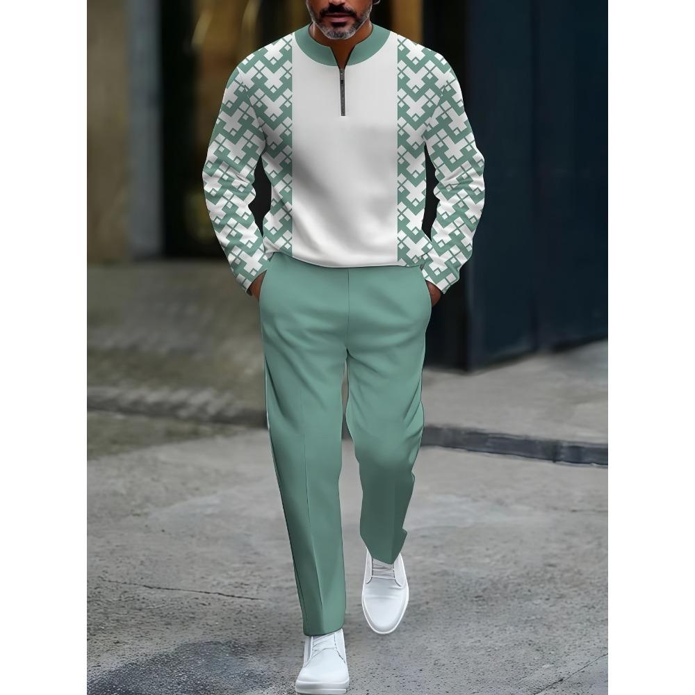 Spring Autumn Fashion Streetwear Men's Long-Sleeved Half-Zipper Stand-Up Collar Casual Sportswear Men's Clothing Two-Piece Set