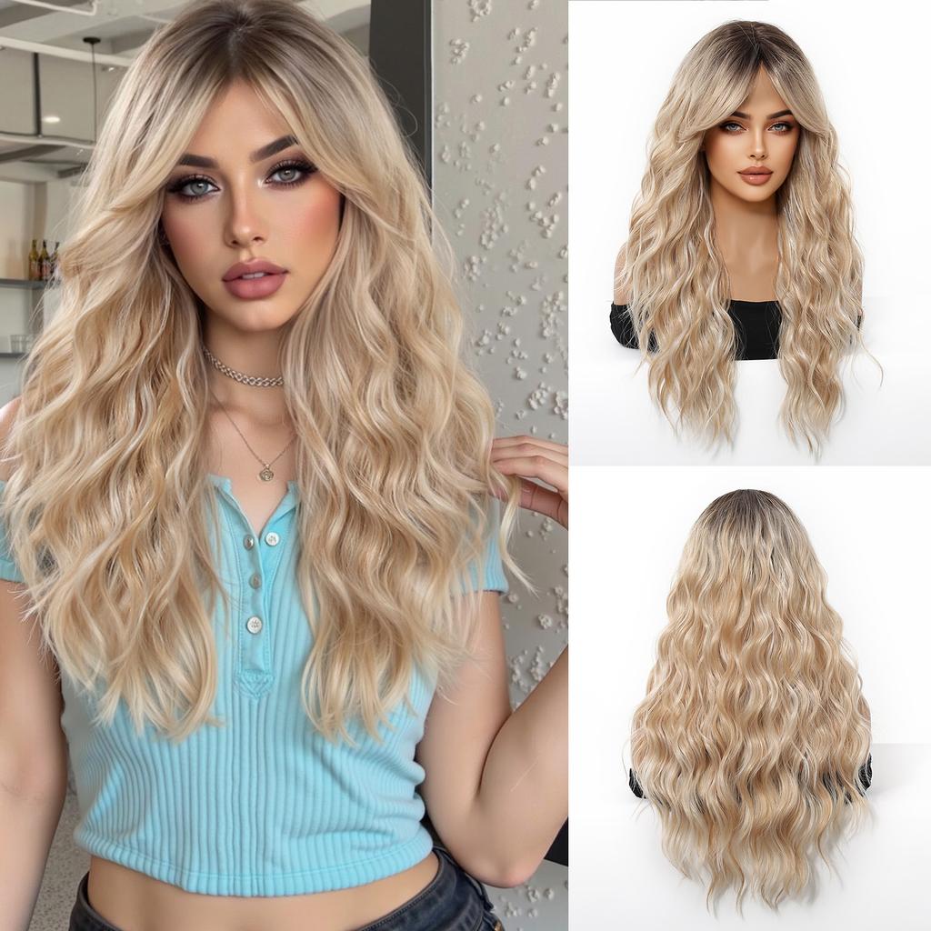 Long Golden Blonde Wave Synthetic Wigs with Bangs for Women Golden Brown Natural Cosplay Costume Daily Hair Wigs Heat Resistant