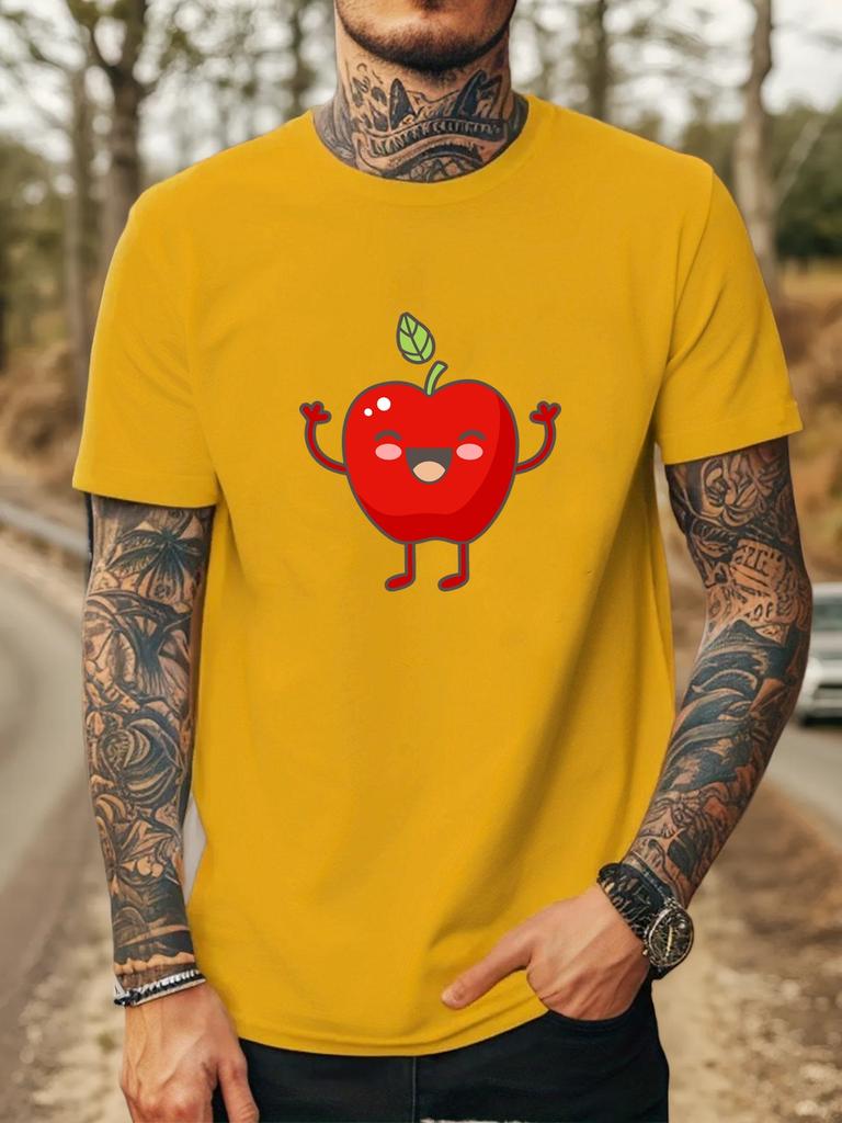 Unisex O Neck Tee Cute Smiling Apple Cartoon Graphic Print Cotton Short Sleeve Loose Summer Breathable Daily Casual Basic Wear Top