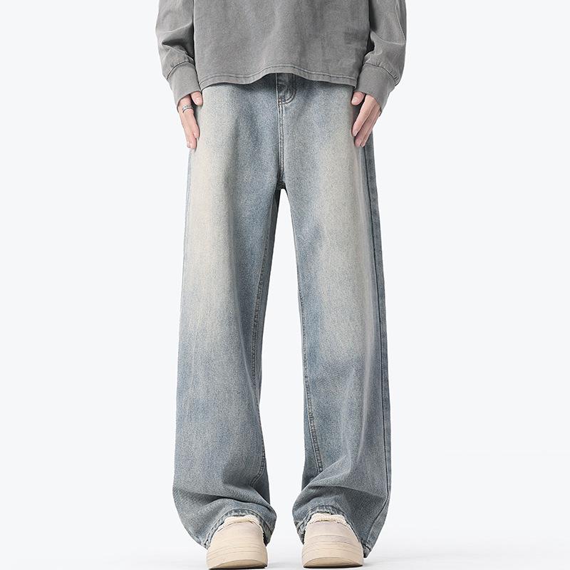 American Style Grinding White Gradient Washing Jeans Men's Wind High Street Loose Straight Wide-leg Pants