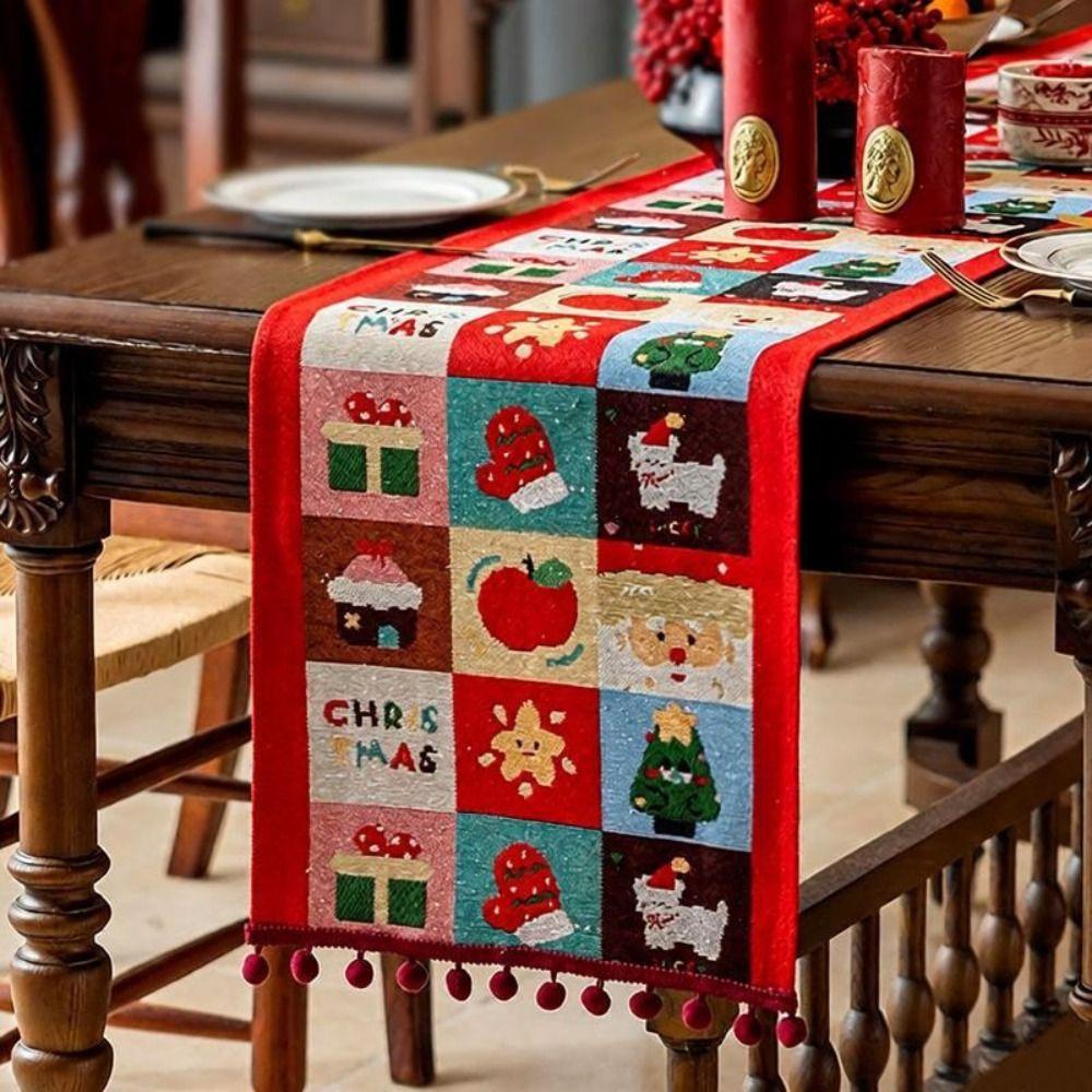 Polyester Christmas Table Runner Cartoon Pattern Snowflake Pattern Table Flag Multi-Color Tassel Santa Claus Pattern