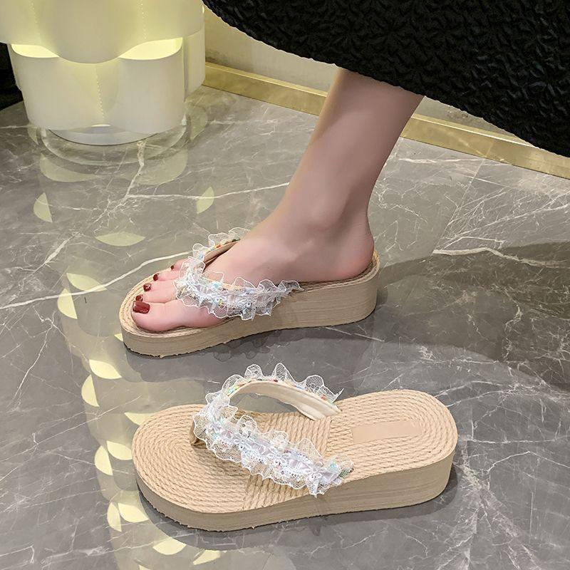 High fashion fairy sweet slippers travel beach sandals slope with flip-flops girl 2025 summer new