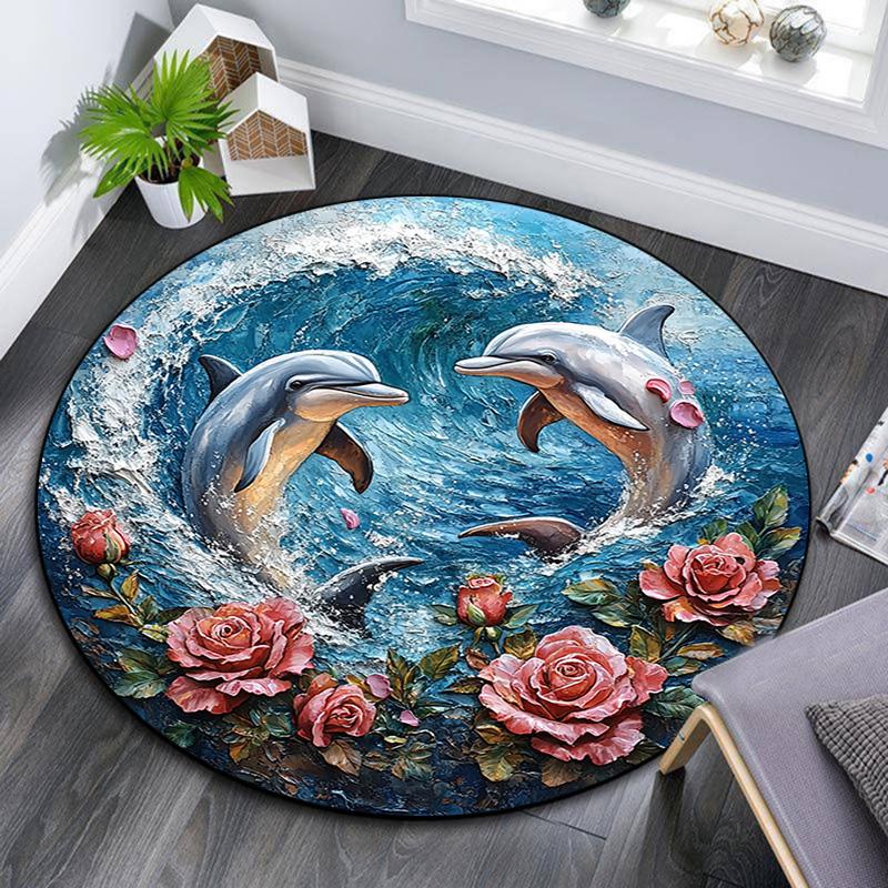 Dolphins Round Area Rug,Carpet Rug for Living Room Bedroom Sofa Playroom Decor,Non-slip Floor Mat