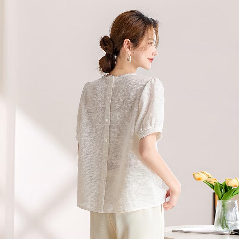 Damen Leinenmischung Puffärmel Kurzarm T-Shirt