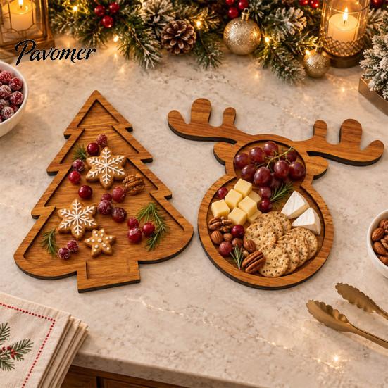 Solid Wood Appetizer Platter Christmas Tree And Elk Serving Tray, Durable Partitioned Wooden for Guests Food Platter, Decorative Dinnerware