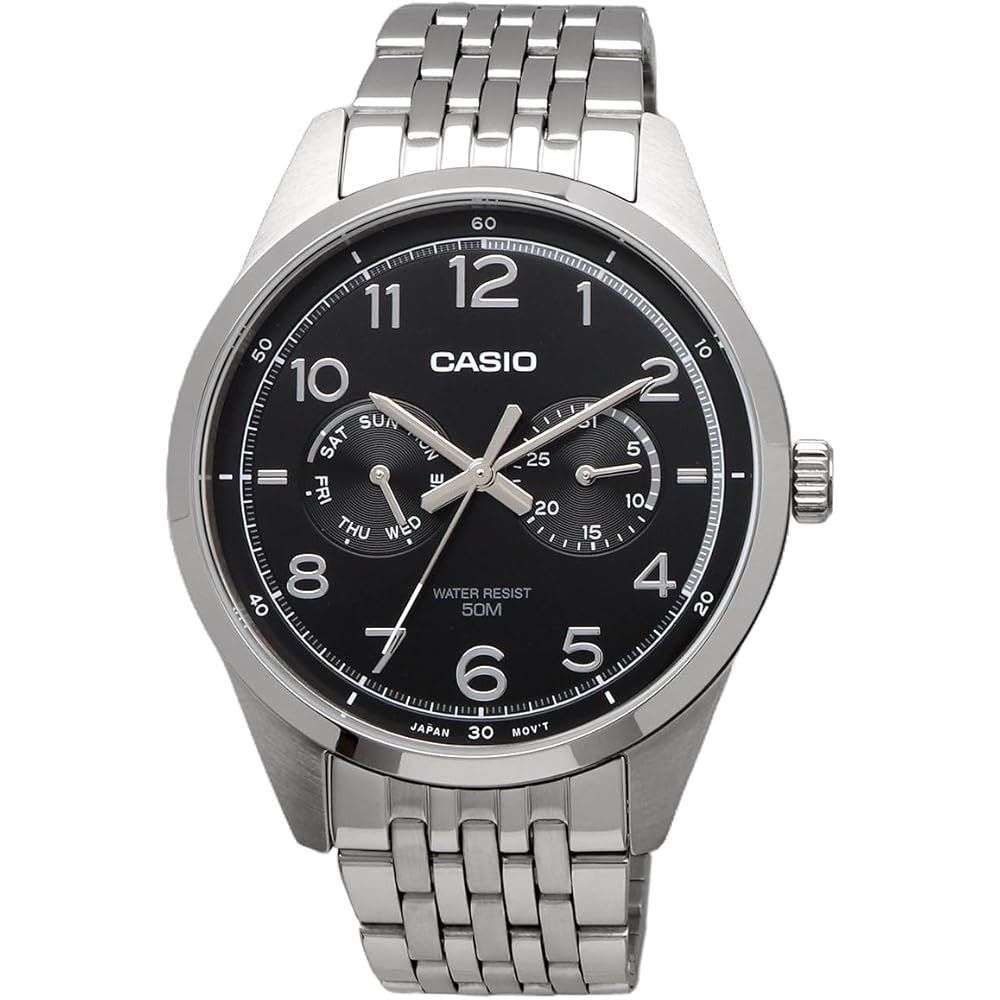 Casio Standard Quartz Men's Watch MTP-E340D-1AV Multi-Calendar 7-Link Band Silver Black