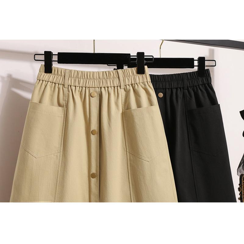 DIMANAF 2025 Plus Size Summer Elastic Skirts Women Buttons Fashion Loose A-Line Skirt High Waist Vintage Maxi