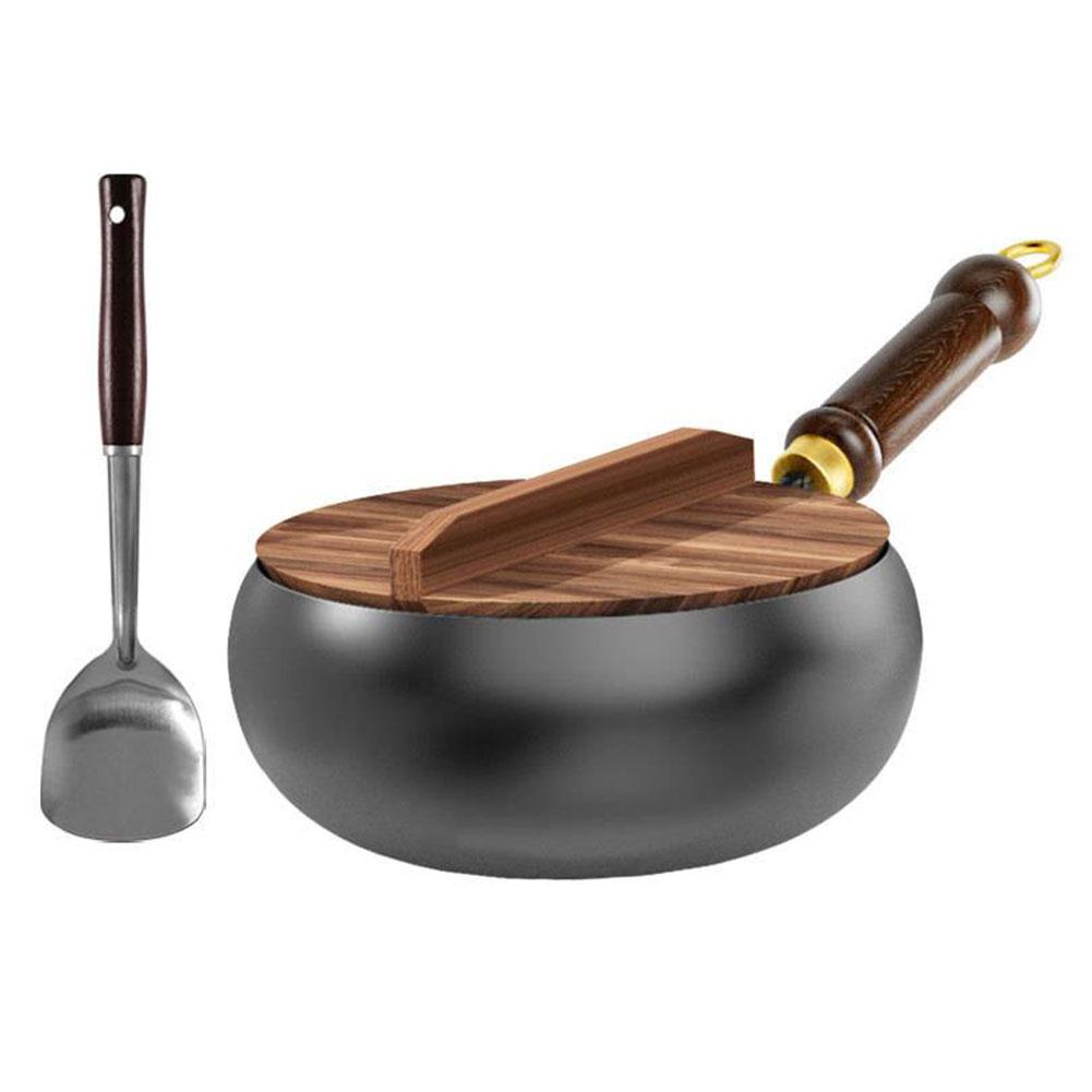 24CM Chinese Wok Wooden Handle Non-Stick Pan with Lid Iron Wok for Home Camping Restaurant Hotel Kitchen