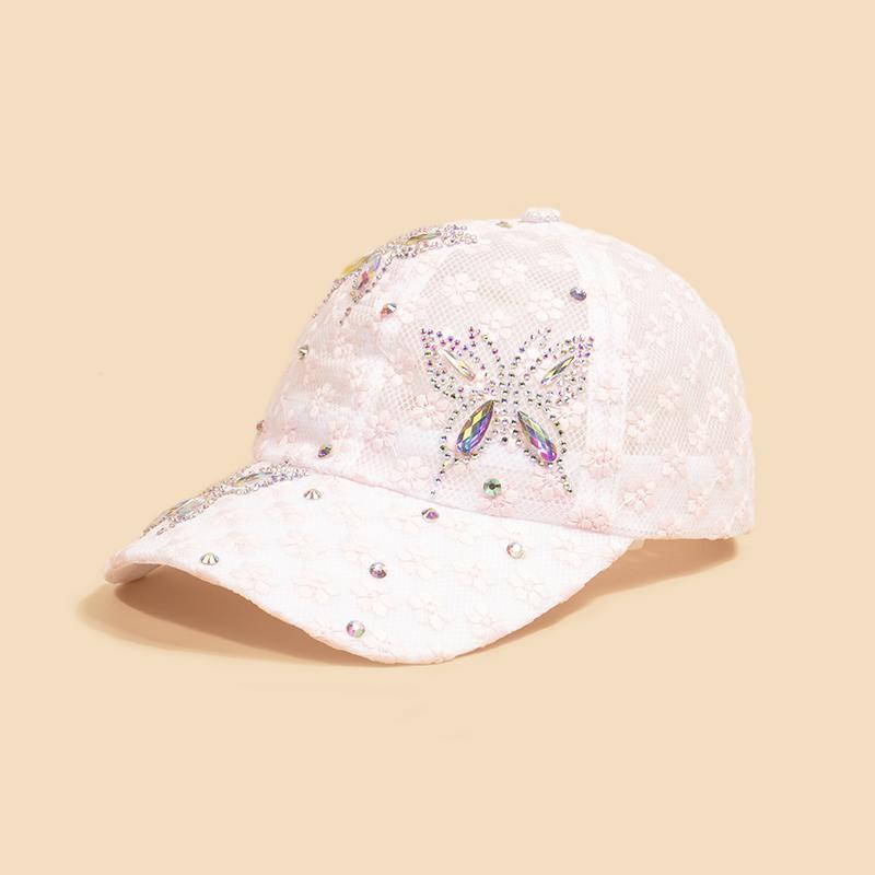 Casquettes de Baseball Fashion pour Femmes Printemps Été Respirantes Chapeaux Papillon Strassés Casquettes Dentelle Creuses white