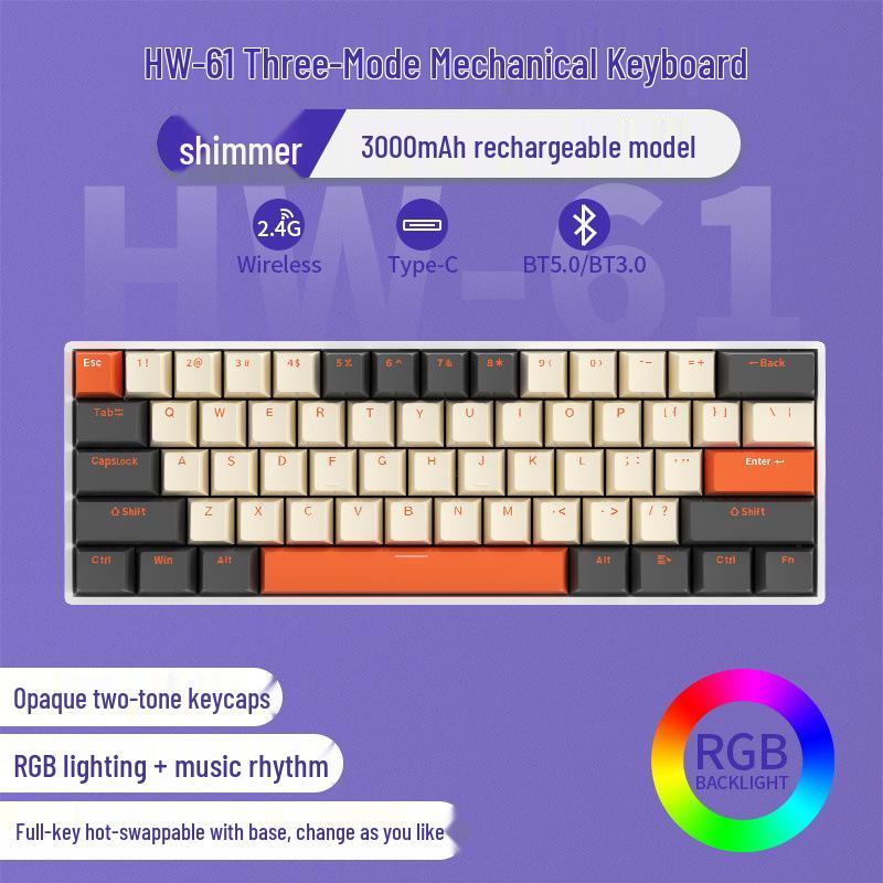61-Key Mini Mechanical Keyboard with Three-Mode Wireless Bluetooth, Red Tea Switch for Laptop Gaming & Office