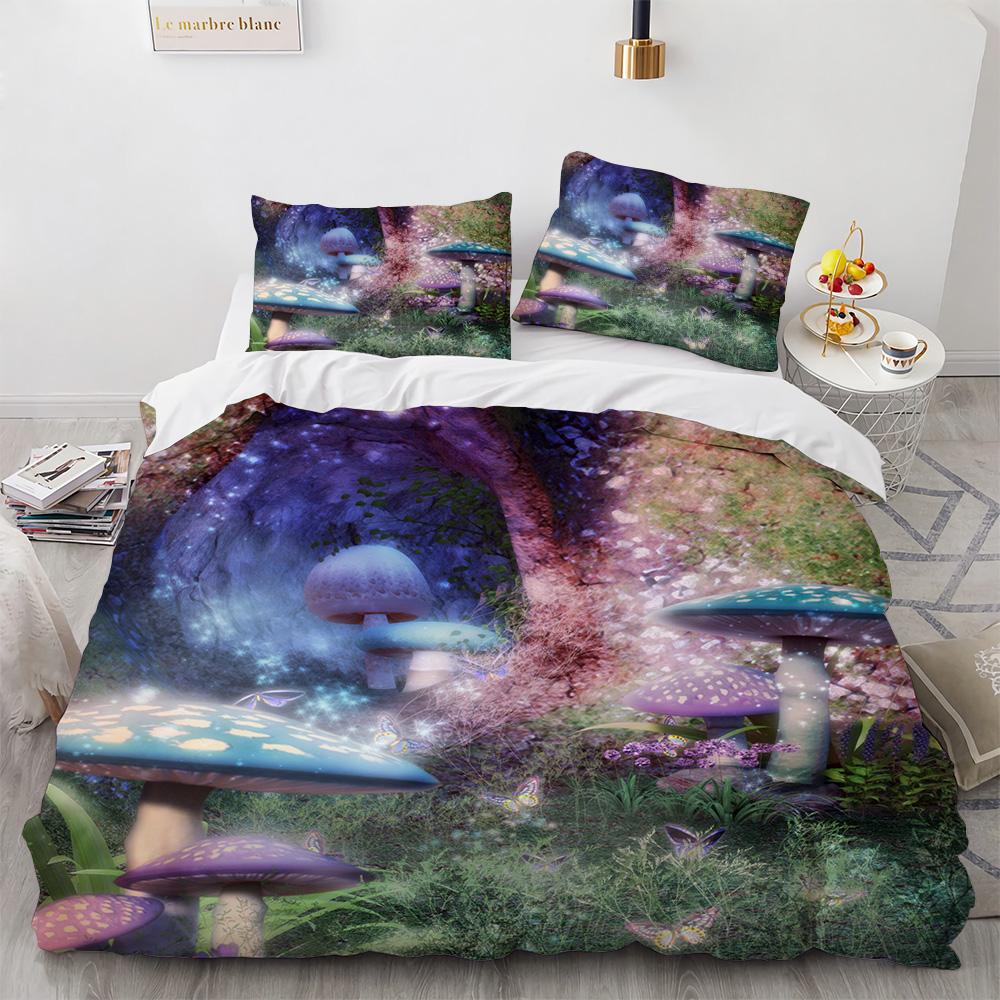 Niedliches Pilzmuster Polyester Bettwäscheset Magisches Pilzhaus King Queen Full Size Bettbezugset Erwachsene Kinder Bettdeckenbezug