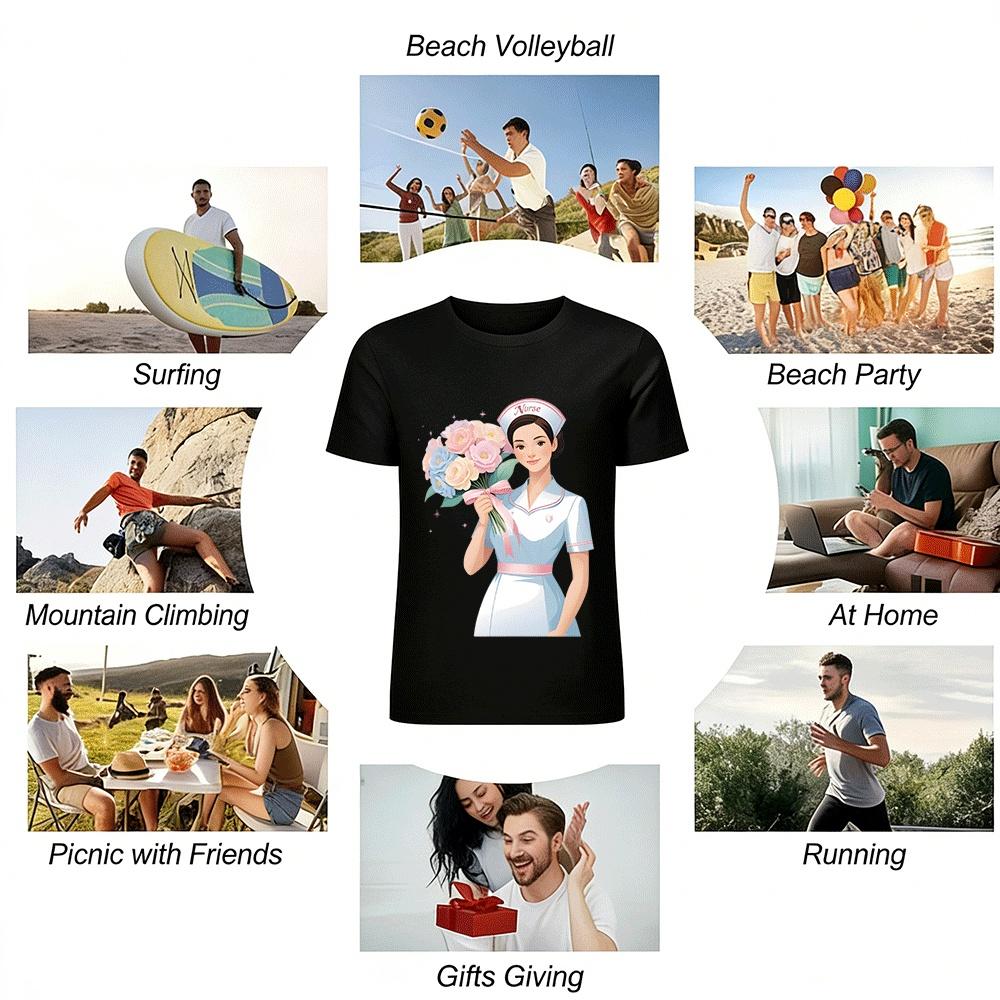 Gentle Nurse With Bouquet Print Casual Daily Short Sleeve Top Pure cotton T-shirt