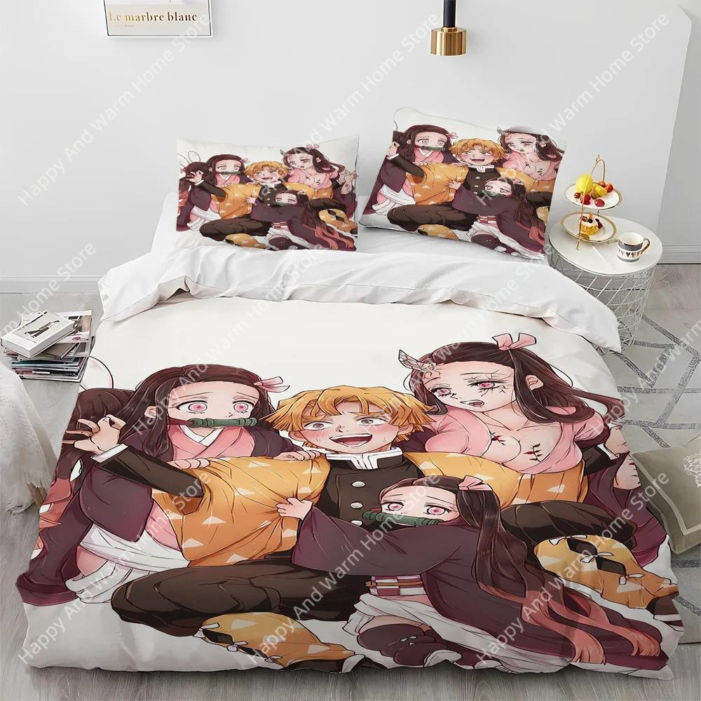 Demon Slayer Beding Set Kamado Nezuko Soft Duvet Cover Set Bedspread Pilowcase King Quen Ful Single Sized Dimensions Bed Linen Young Boys Ten Gift
