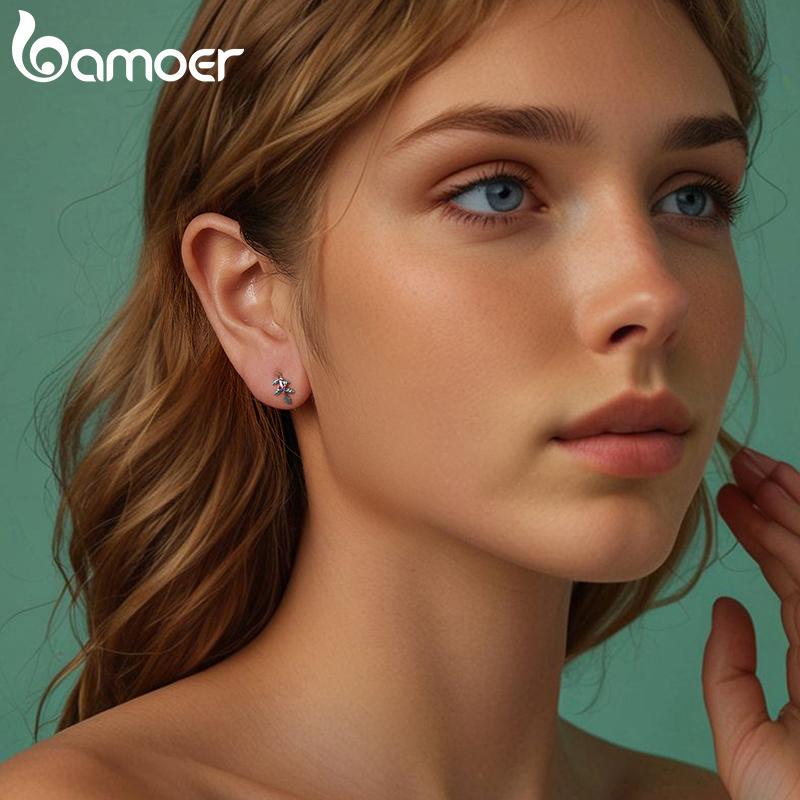 BAMOER 925 Sterling Silver Xmas Jewelry Gift Holly Open Ring Colorful Flower Leaf Stud Earrings Special New Year Holiday Gift