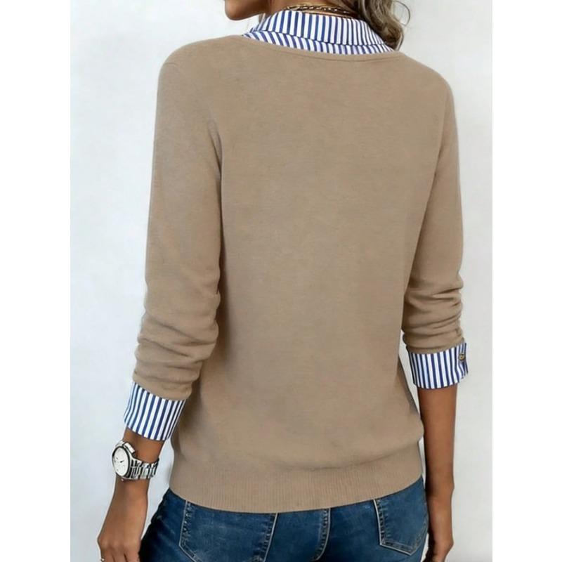 Damen S Langarm V-Ausschnitt Gestreiftes Patchwork T-Shirt Stricktop Freizeitkleidung