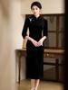 Bei Zhi Yun Retro Velvet Mid-Sleeve Cheongsam - Autumn 2025, Black, Comfortable