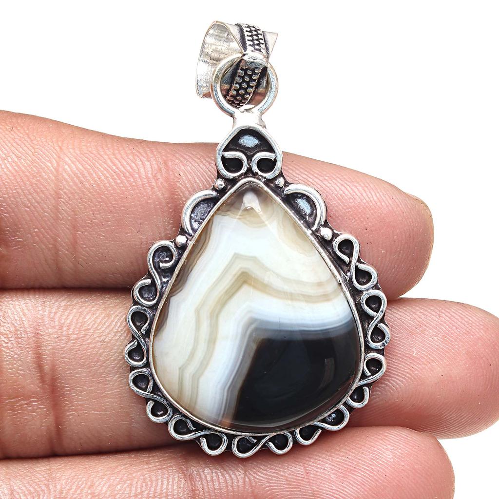 Pendant Gray Botswana Agate Gemstone Valentine'Day Ethnic Silver Jewelry 2"
