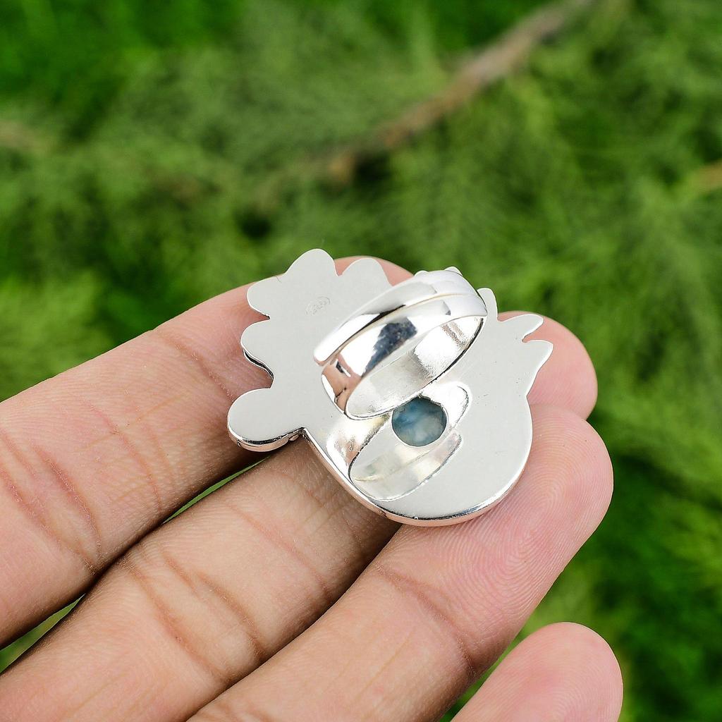 Wedding Gift For Her 925 Silver Natural Larimar Statement Flower Adjustable Ring