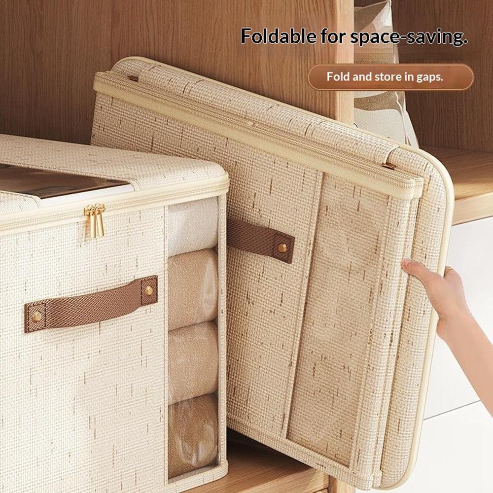 45×35×25cm Extra Large Cotton Linen Storage Box Dual-Window Zippered Organizer with Handles Quilt Storage Box for Home