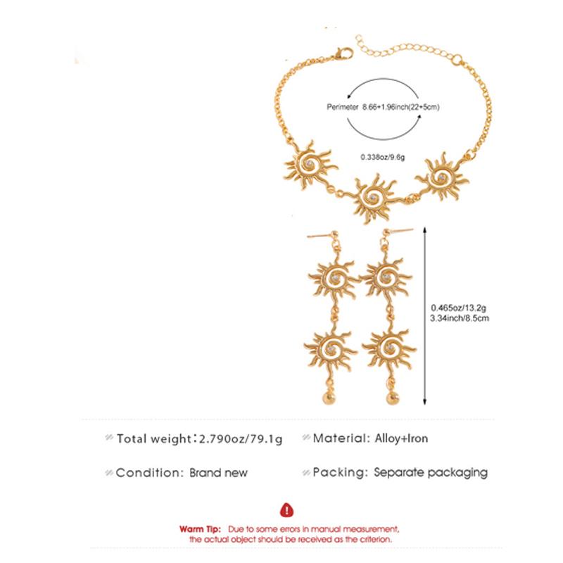 Fashion Metal Sun Long Pendant Earrings Bracelet for Women Retro Ethnic Style Gold Color Spiral Hand Chain Chic Jewelry Set