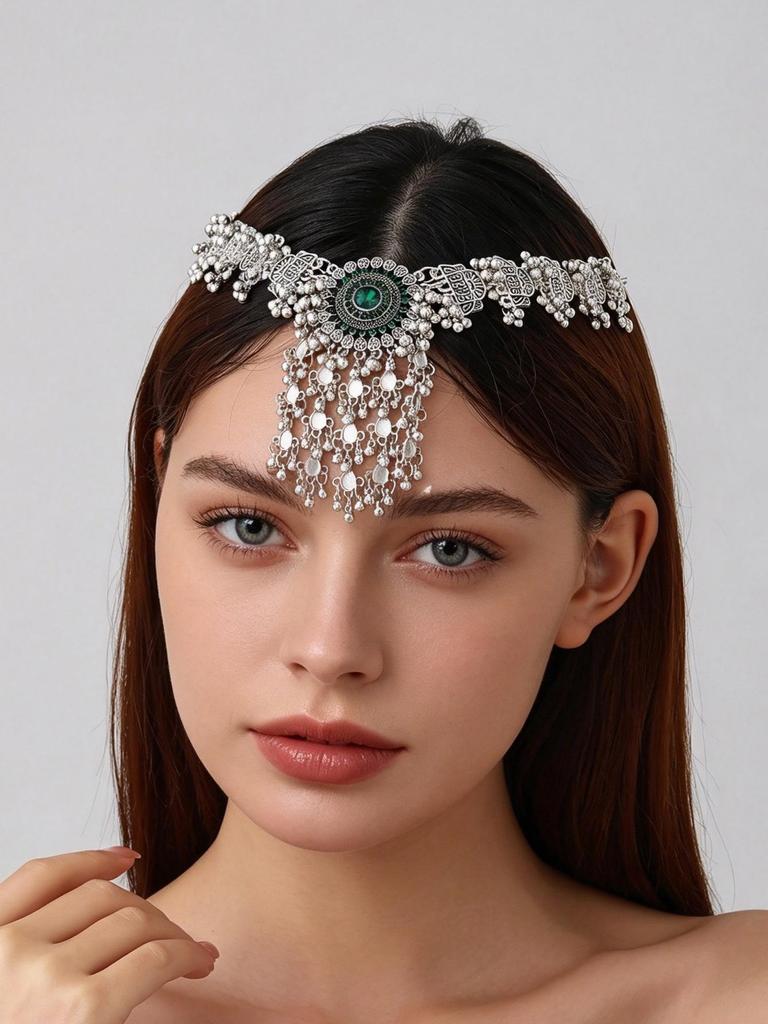 Ethnic Retro Tassel Rhinestone Forehead Chain for Indian Bride