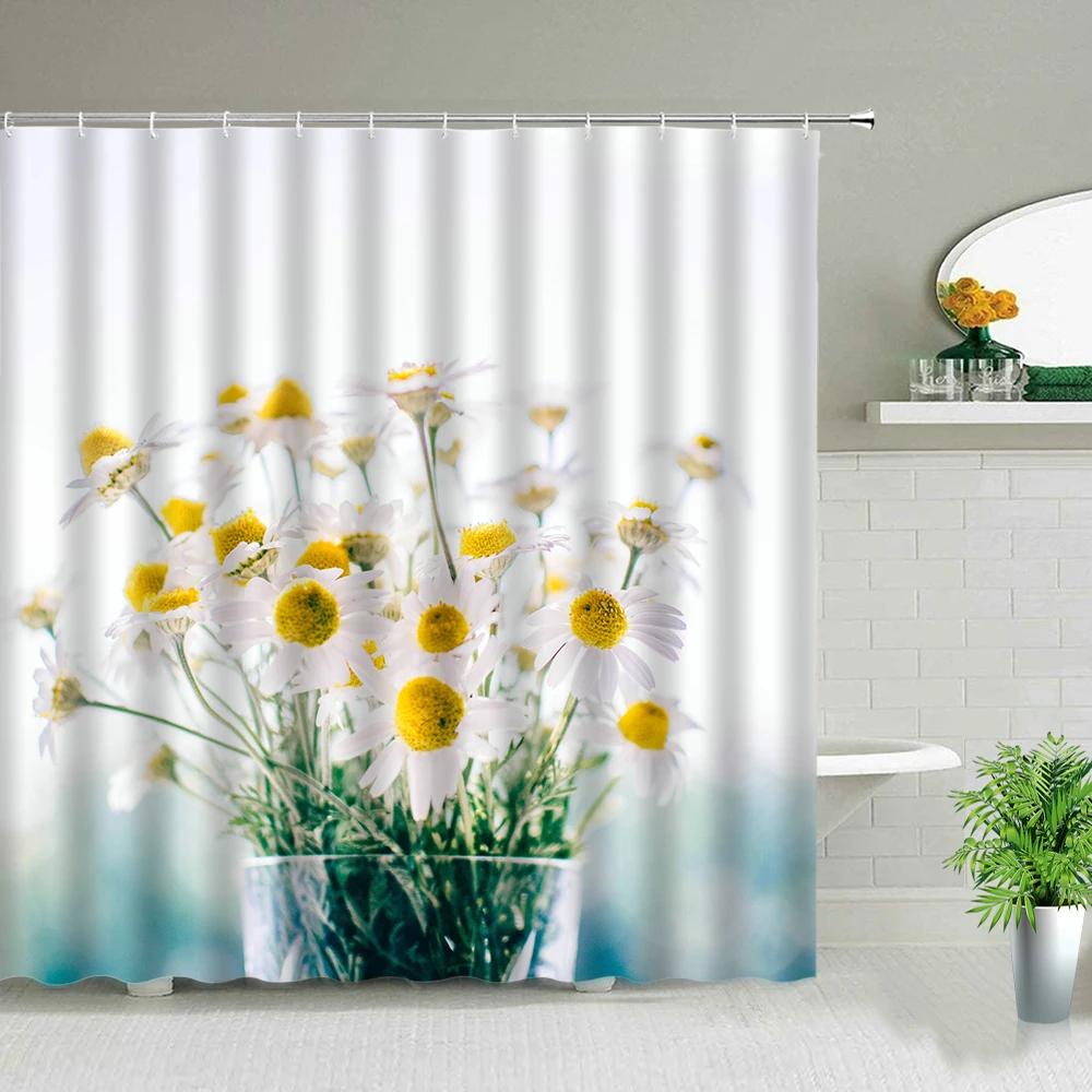 Flowers Shower Curtains Tulip Sunflower Rose Floral Plant Bathroom Scenery Bathroom Decor Polyester Fabric Bathtub Curtain Set