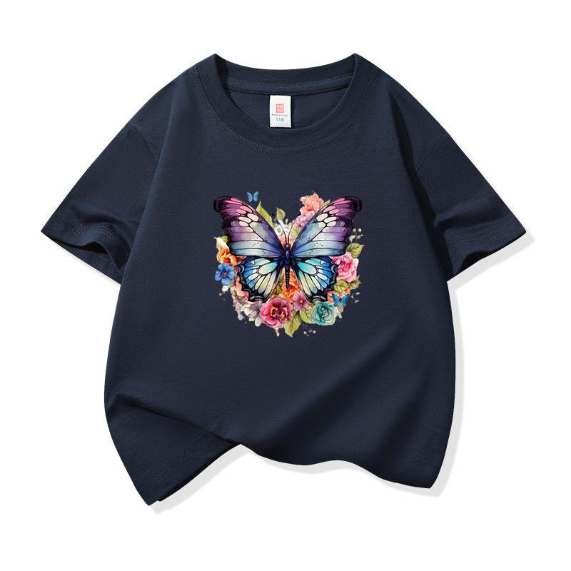 Kids Cotton T Shirt Colorful Floral Watercolor Butterfly Print Crew Neck Short Sleeve Tee Casual Boys Girls Summer Tops