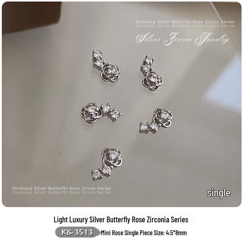 Silver Side Rose & Butterfly Cubic Zirconia Nail Art Rhinestone Decorations