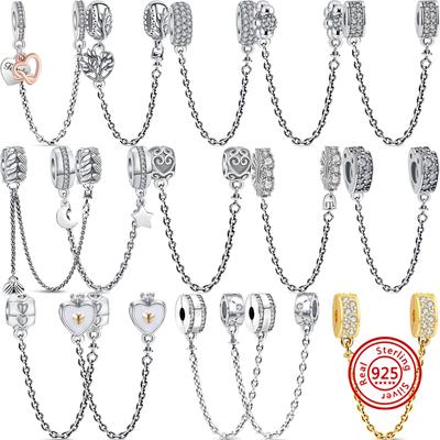 Plata S925 Estrellas y Lunas Árboles Familiares Pavé Brillantes Cadenas de Seguridad Colgantes Cuentas Ajuste Original Pulsera de Abalorios Joyería