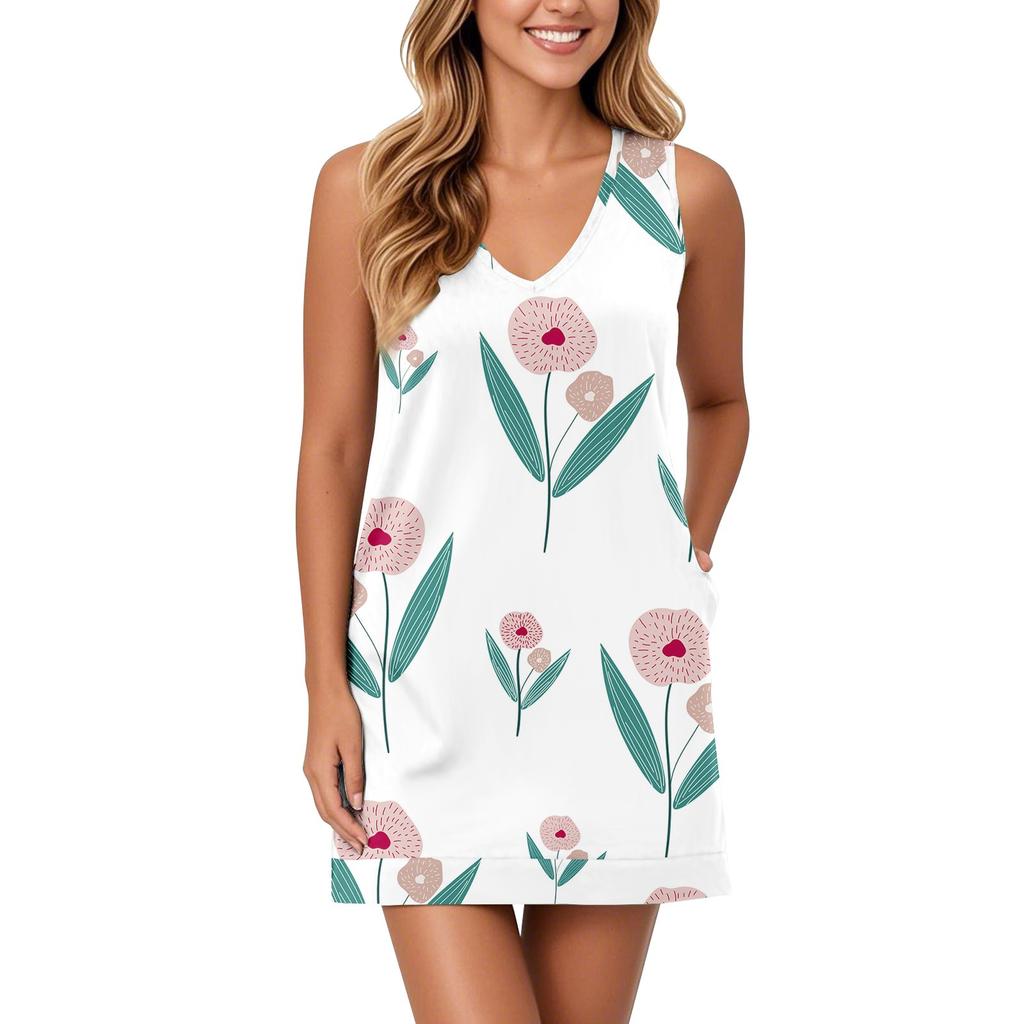 Weiches Tankkleid mit V-Ausschnitt für Damen, ärmelloses Sommerkleid, lässiges, entspanntes Sommerkleid mit Tasche