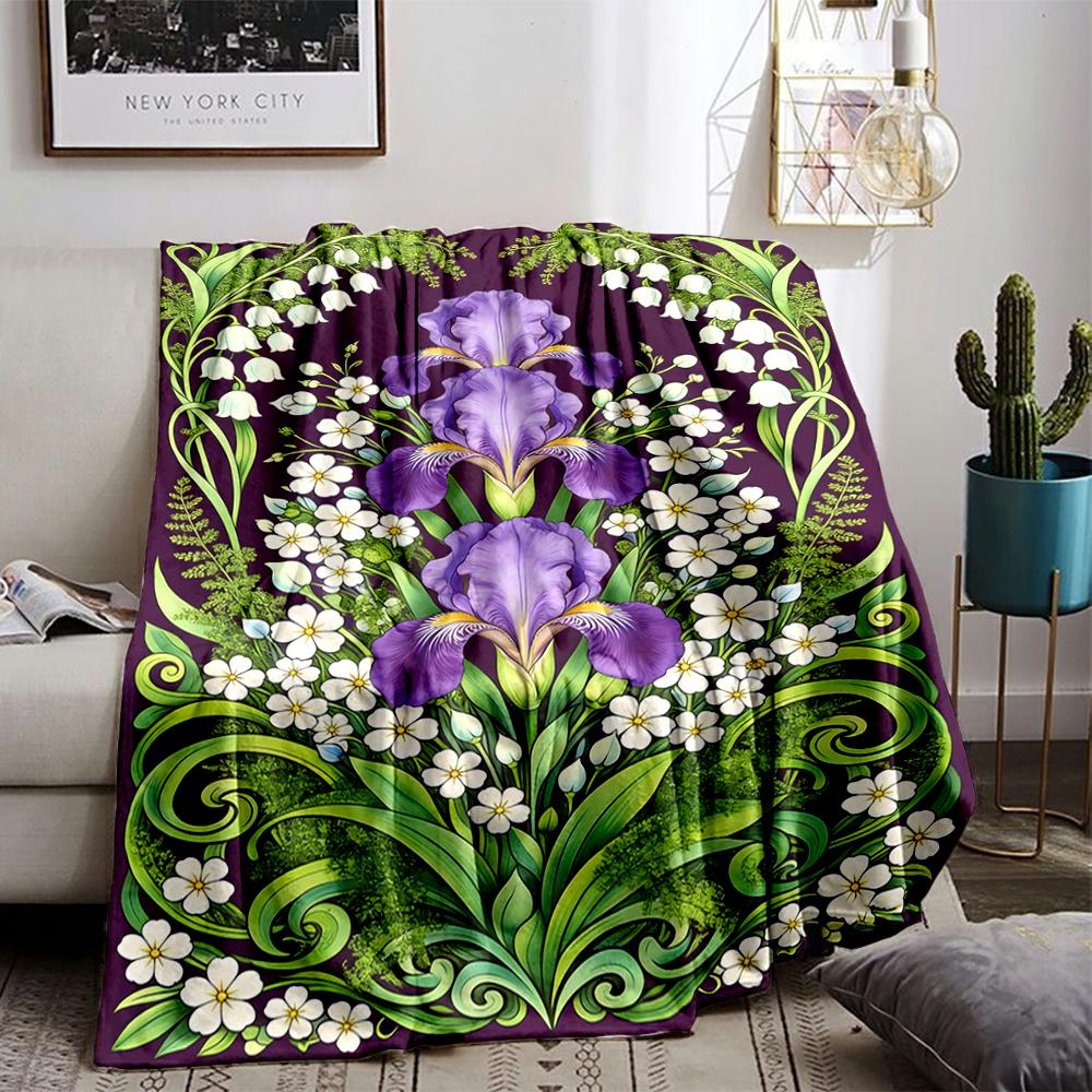 Floral Pattern Blanket with Purple Irises and Green Leaves Decor Blanket, Suitable for Use In the Bedroom, Living Room, On the Sofa