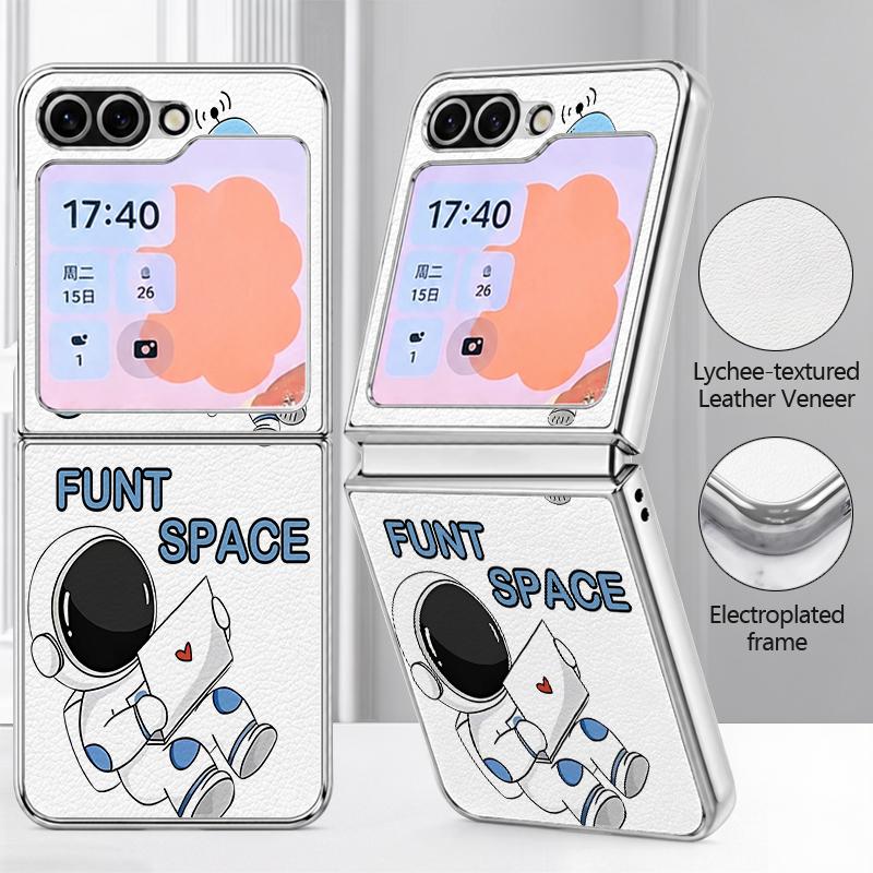 Cartoon Astronaut Pattern Case For Samsung Galaxy Z FlIP 7 FE 6 5 Plating PC+PU Leather Hybrid Folding Cover For Samsung Z Flip7 Flip6 Flip5
