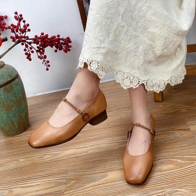 Genuine Leather Retro Women Shoes Handmade Round Toe Buckle Low Heel Comfortable Pumps