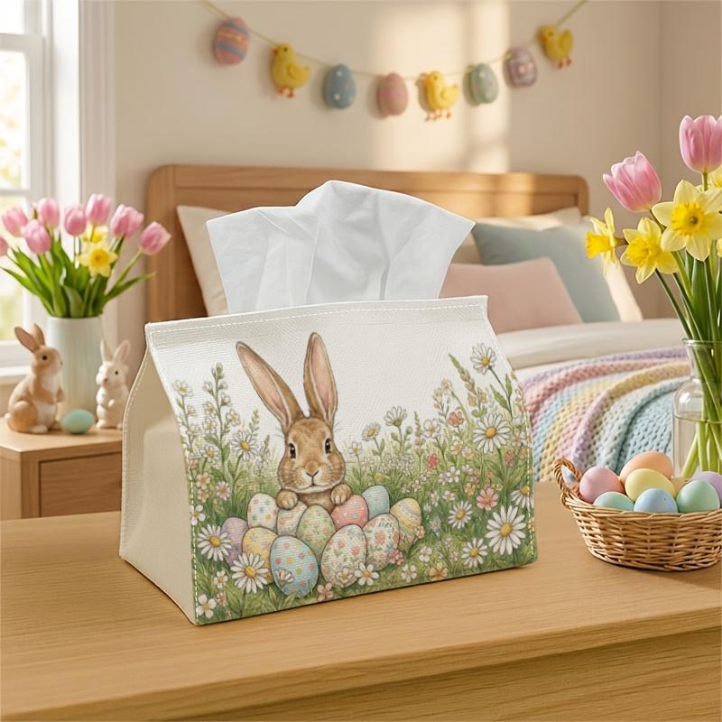 1pc Easter Bunny Tissue Box with Eggs & Meadow Spring - Bunny-Shaped Napkin Dispenser Suitable for, Car Organizer, Easter Egg Hunt Table Centerpiece -