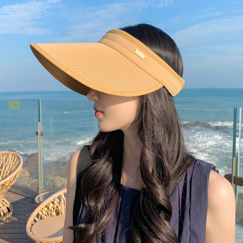 

Летняя шляпа женская металлическая этикетка однотонная солнцезащитная шляпа с открытым верхом для улицы дышащая шляпа от солнца с большими полями One Size