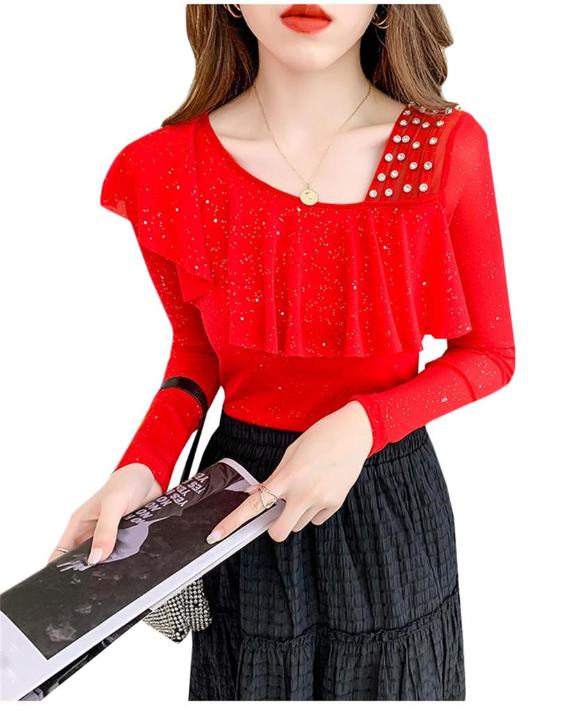 TAITENG Ballroom Dance Sparkly Practice Ruffled Long Sleeve Elegant Paso Doble for Stage and T-Shirt, Dancewear, Wear, Cut-and-Sew Top, Sheer,
