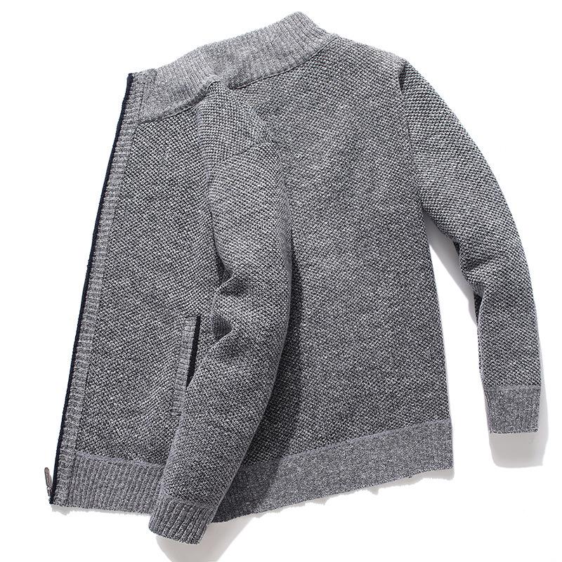 Men's Autumn/Winter Plus Velvet Zipper Knitted Cardigan Jacket with Stand Collar and Solid Color