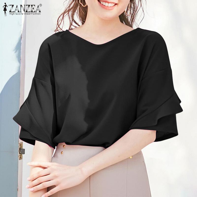 ZANZEA Damen Freizeit Rundhals Einfarbig Kurzarm Bluse