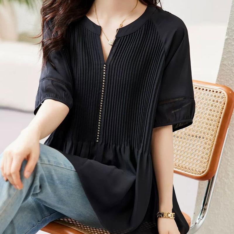 Stylowa plisowana łączona luźna bluzka odzież damska jednolity kolor casualowy krótki rękaw lato ażurowa elegancka koszula z dekoltem w serek