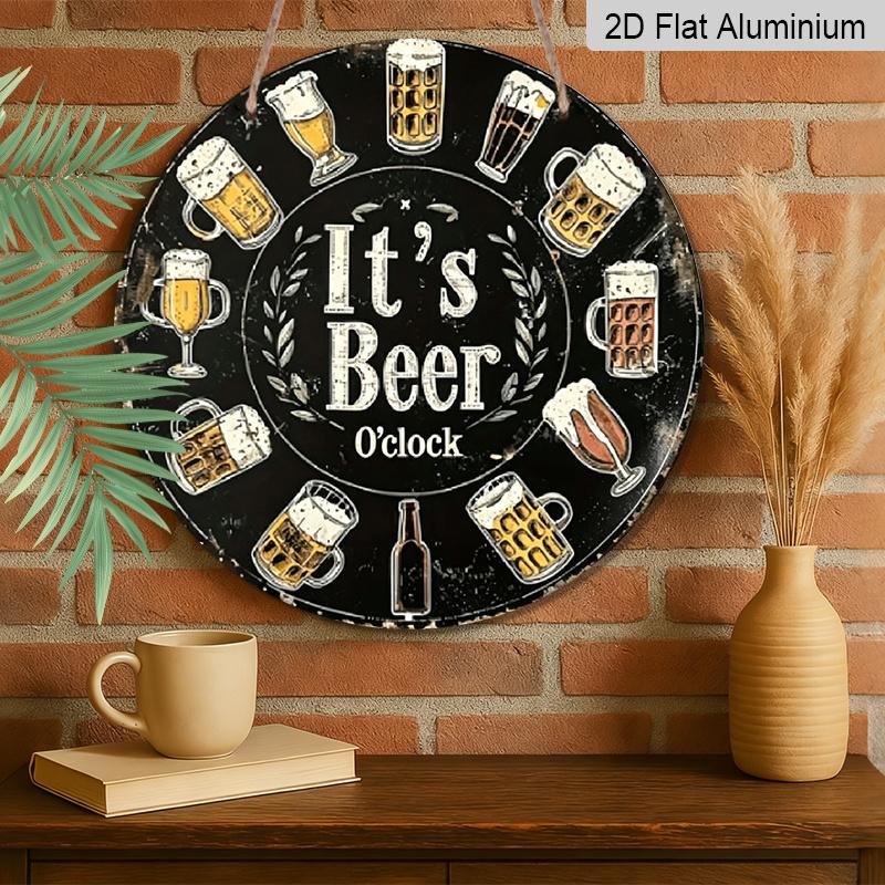 2D Flat, 1pc Round Aluminum "It's Beer O'clock" Sign, Vintage Retro Beer Glass Clock Wall Decor, Lightweight Hanging Signs - Waterproof & Durable