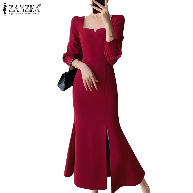 

ZANZEA Женское повседневное тонкое платье с квадратным вырезом и длинными рукавами